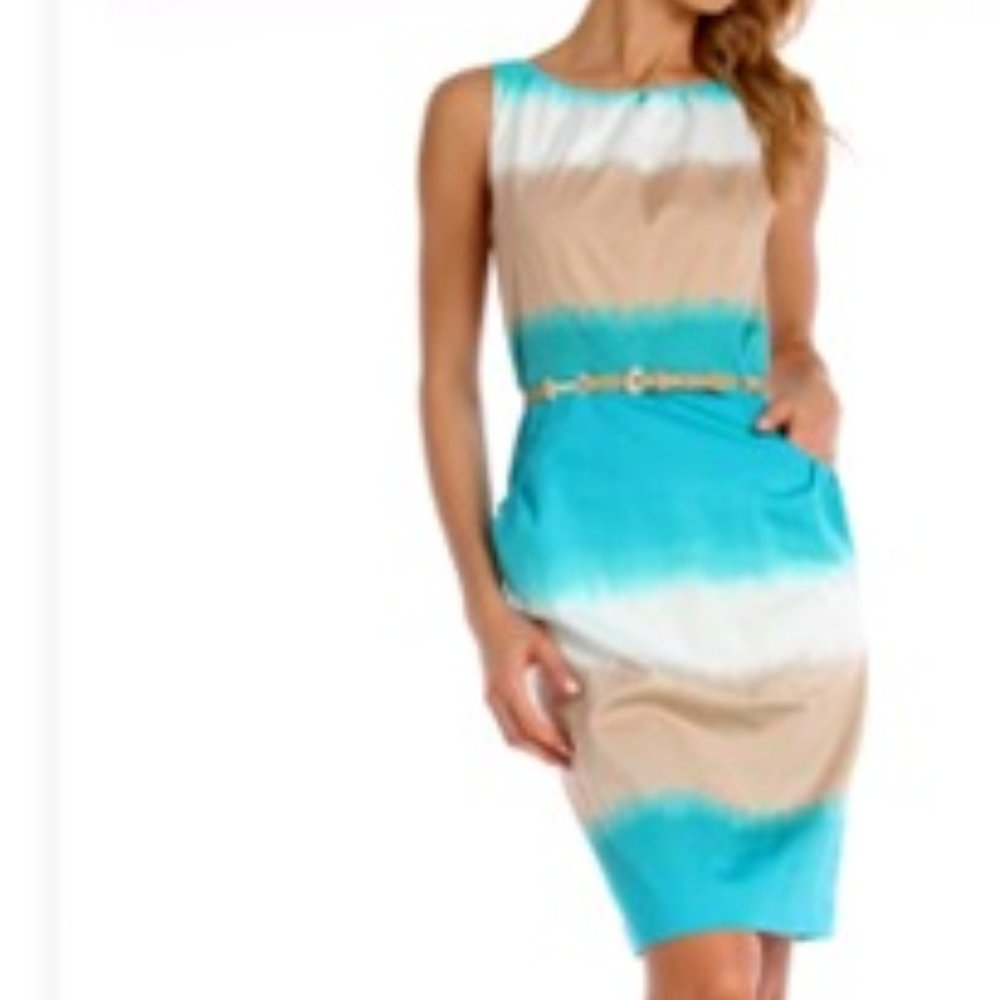 New Nine West Sleeveless Sheath Belted Dress - Turquoise Beige Cream